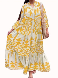 Robe-chemise imprimé géométrique jaune moutarde et écru, col en V, manches longues