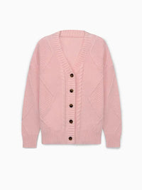 Cardigan torsadé Aline rose clair, col en V, boutons nacrés, manches longues.