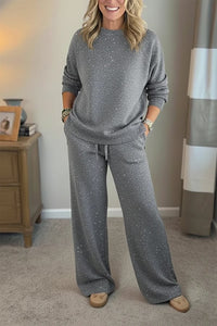 Ensemble décontracté gris à paillettes : pull manches 3/4 et pantalon ample à cordon