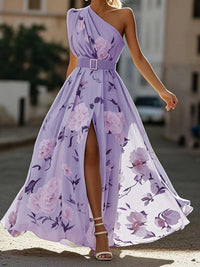 Robe longue trapèze violette à imprimé fleurs, une épaule, ceinture à boucle
