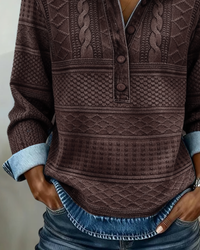 Sweat à col chemise marron café, base rayée texturée et boutons bruns visibles