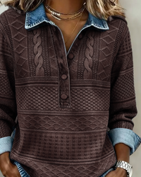 Sweat à col chemise marron café, col ouvert et boutons bruns, motifs en relief