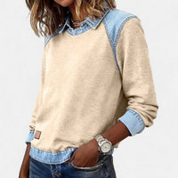 Pull col chemise Rachel beige, encolure denim, manches longues, patch carré au bas