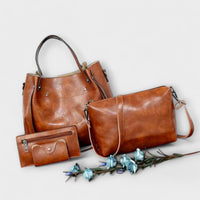 Ensemble de 4 sacs vintage en cuir marron : cabas, sac zippé et 2 pochettes