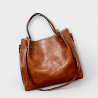 Ensemble de 4 sacs vintage en cuir marron : grand cabas, pochette et sac zippé