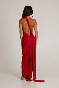 Robe longue rouge dos nu, nœud dans le dos, bretelles croisées, tissu fluide
