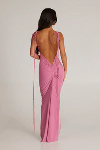 Robe longue mauve à bretelles à nouer, dos nu drapé