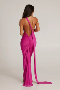 Robe longue fuchsia dos nu avec laçage croisé au dos