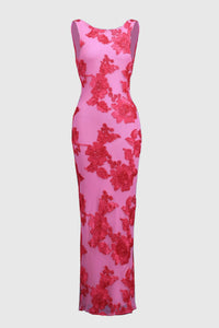 Robe longue sans manches rose fuchsia à motifs floraux, coupe fourreau, ajustée.