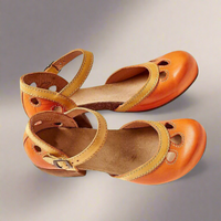 Sandales confortables à brides, bout ouvert, orange et camel, petit talon.