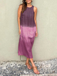 Robe longue sans manches à encolure ronde, imprimé dégradé violet et rose.