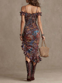 Robe midi bohème au dos échancré, imprimé fleuri patchwork, volants