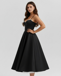 Robe noire à encolure cœur, buste corset et ourlet avec doublure claire