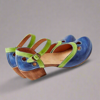 Sandales confortables à brides, bout ouvert, bleu et vert, petit talon.