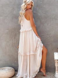 Robe longue blanche fluide sans manches, volants à étages, coupe ample