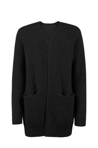 Cardigan noir en maille texturée, col V, poches plaquées et bordures côtelées.