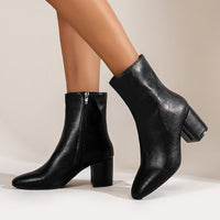 Bottines noires à talon carré, bout pointu, dessus lisse, fermeture éclair