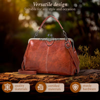Sac à main vintage marron-orangé avec fermoir, anses métalliques et bandoulière