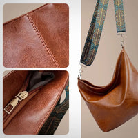 Sac à bandoulière vintage : détail cuir, fermeture intérieure et bandoulière à motif.