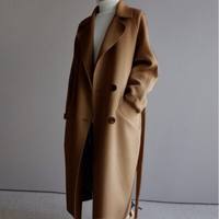 Manteau trench en laine femme caramel, long, fermeture boutonnée double, col châle.