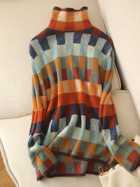 Pull à col roulé ample à carreaux multicolores, coupe droite, manches longues