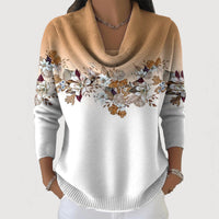 Pull col bénitier tricot blanc, manches trois-quarts, fleurs sur la poitrine, col beige