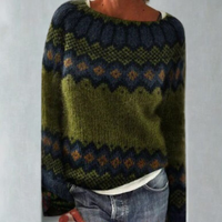 Pull rétro en maille à motifs géométriques vert foncé et bleu marine