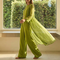 Ensemble vert olive, kimono long et fluide ouvert sur pantalon ample