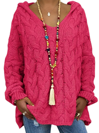 Sweat-shirt à capuche en maille torsadée rose fuchsia, manches longues, col en V boutonné