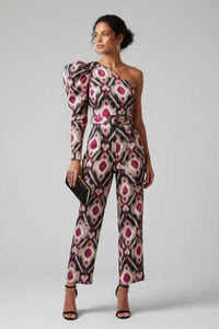 Robe midi à motif géométrique violet et rose, épaules asymétriques, manches bouffantes
