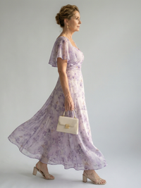 Robe midi fleurie lilas à manches volantées, vue de profil