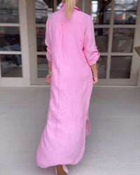 Robe-chemise rose fuchsia vue arrière, col chemise, ligne droite avec fente
