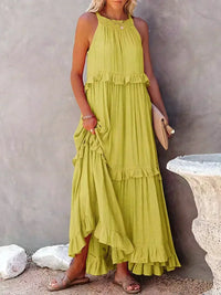 Robe Ilona dos nu à volants, jaune clair, encolure smockée et volants superposés