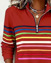 Sweat à demi-zip rouge à rayures horizontales multicolores, col zippé