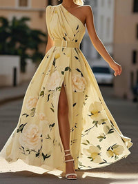Robe longue trapèze jaune à imprimé fleurs, une épaule, ceinture et boucle