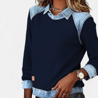 Pull à col chemise bleu nuit en molleton, bande denim en bas et col denim