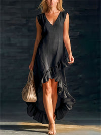 Robe bohème courte Sienna noir à volants, encolure V, sans manches évasée