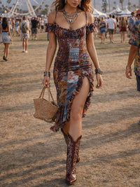 Robe midi à épaules dénudées, imprimé patchwork fleuri multicolore, fente