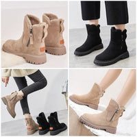 Paire de bottes confortables doublées beige et noires, vues de face et de côté, semelles crantées.