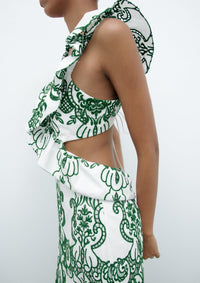 Robe longue verte motif baroque blanc/vert, détail dos échancré et empiècements