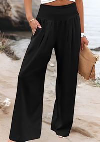 Pantalon de plage noir à taille élastique froncée et jambes larges fluides