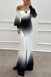 Robe longue de soirée dégradé blanc et noir, épaules nues, drapé, manches bouffantes, fente