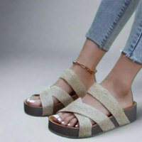 Sandales orthopédiques compensées beige chiné, brides croisées larges et semelle à plateforme