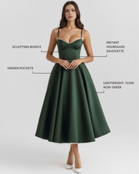 Robe midi vert foncé, décolleté cœur à armatures et jupe patineuse; bretelles spaghetti.
