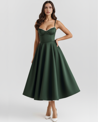 Robe midi vert foncé avec décolleté cœur, bretelles spaghetti et jupe ample.