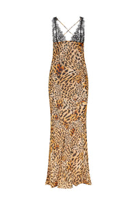 Robe longue à motif léopard, bretelles fines en dentelle noire, coupe fluide.