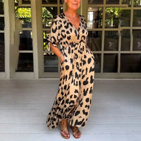 Robe longue imprimé léopard crème, manches courtes, décolleté V, tombé fluide, taille marquée