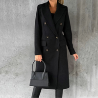 Manteau long en laine noire, col tailleur, boutons doubles, poches plaquées.