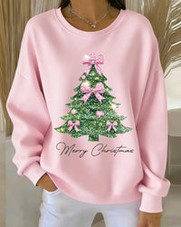 Sweat rose avec motif sapin de Noël scintillant et nœuds roses, inscription « Merry Christmas »