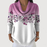 Pull col bénitier tricot blanc, fleurs lilas sur la poitrine, manches trois-quarts, col violet